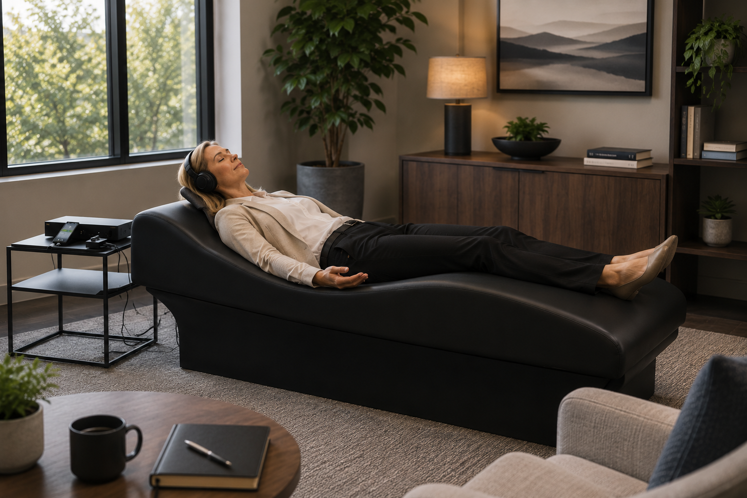 Woman relaxing on a black lounge chair with headphones in a modern living room with large window, potted plants, a wooden cabinet, and a framed landscape painting.