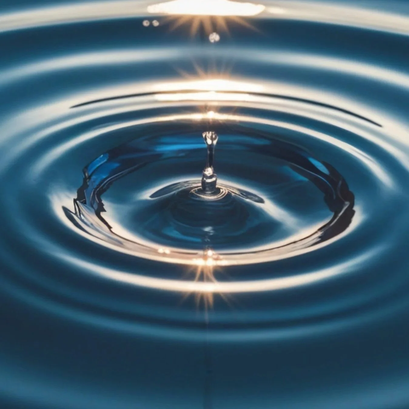 Close-up of a water droplet creating ripples and a splash on the surface of a body of water, with sunlight reflecting off the water.