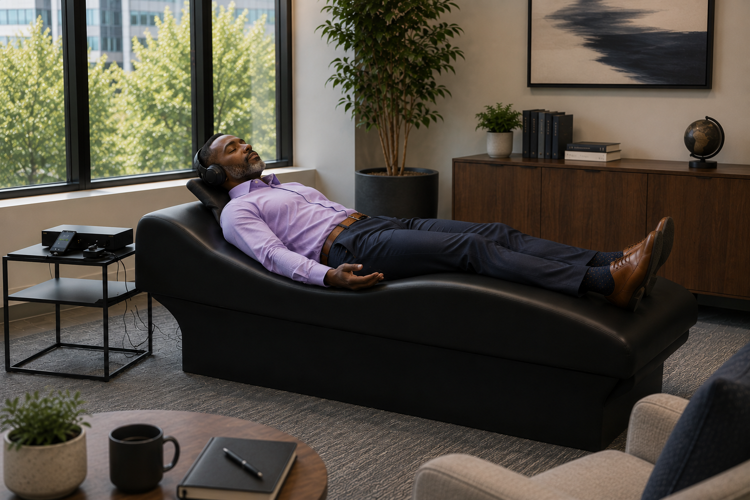 A man resting on a black lounge chair with a head pillow, eyes closed, wearing headphones, a lavender shirt, dark pants, and brown shoes, in a modern office with large windows, a wooden cabinet, potted plants, and a painting on the wall.