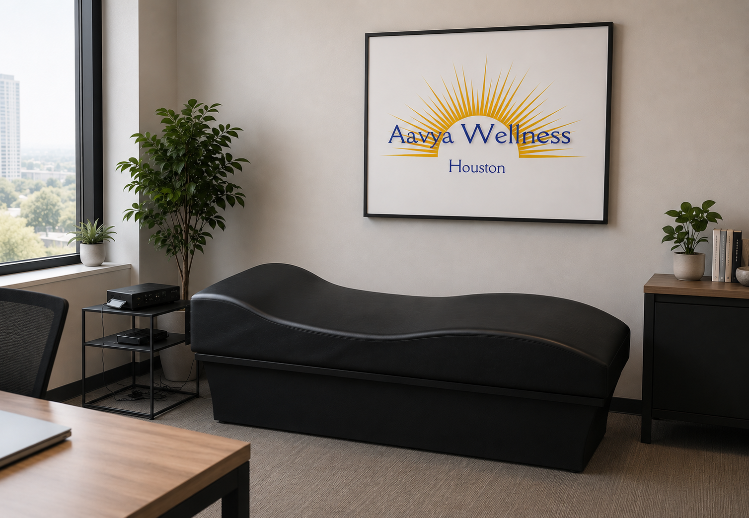 Office room with a large window, a potted plant, a black chaise lounge, a side table with electronic equipment, and a framed sign reading "Aayya Wellness Houston."