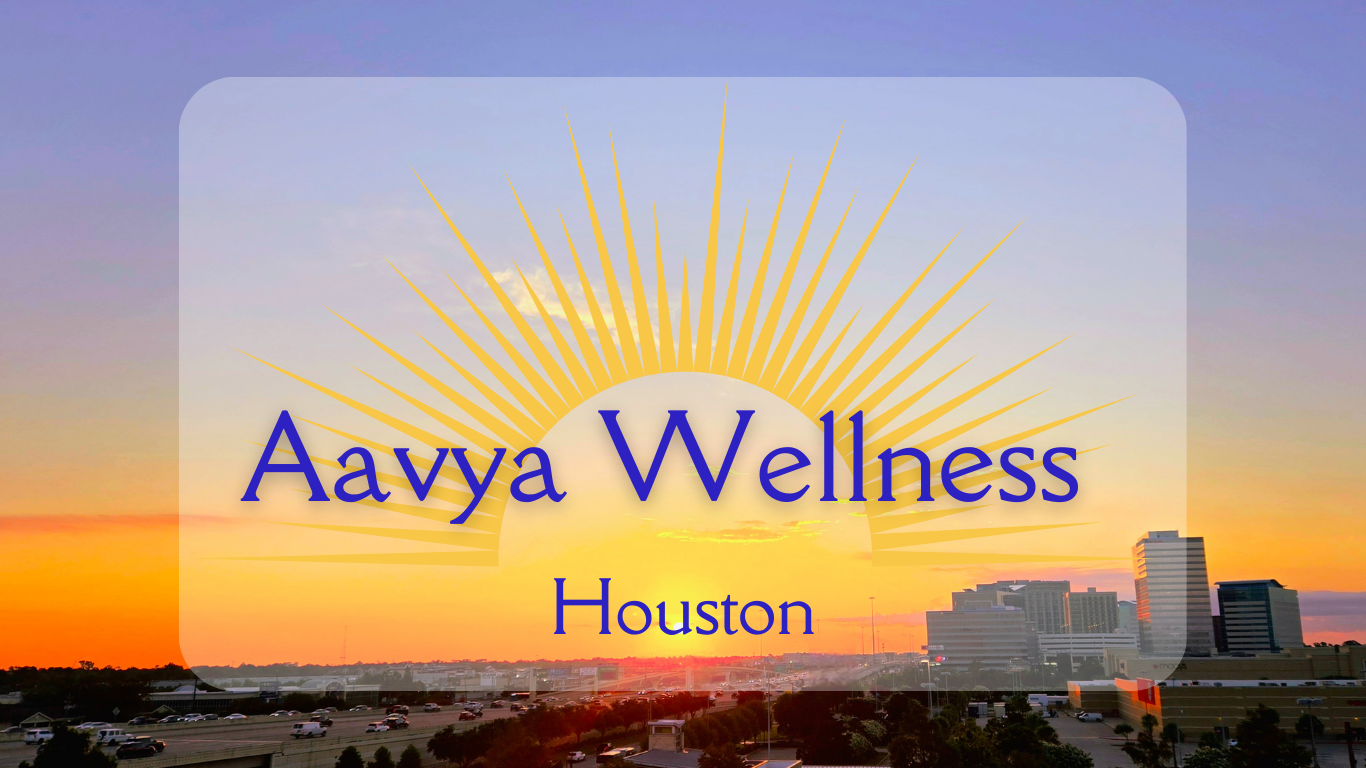 Sunset over Houston city skyline with a yellow sunburst graphic and text 'Aavya Wellness Houston' in the foreground.