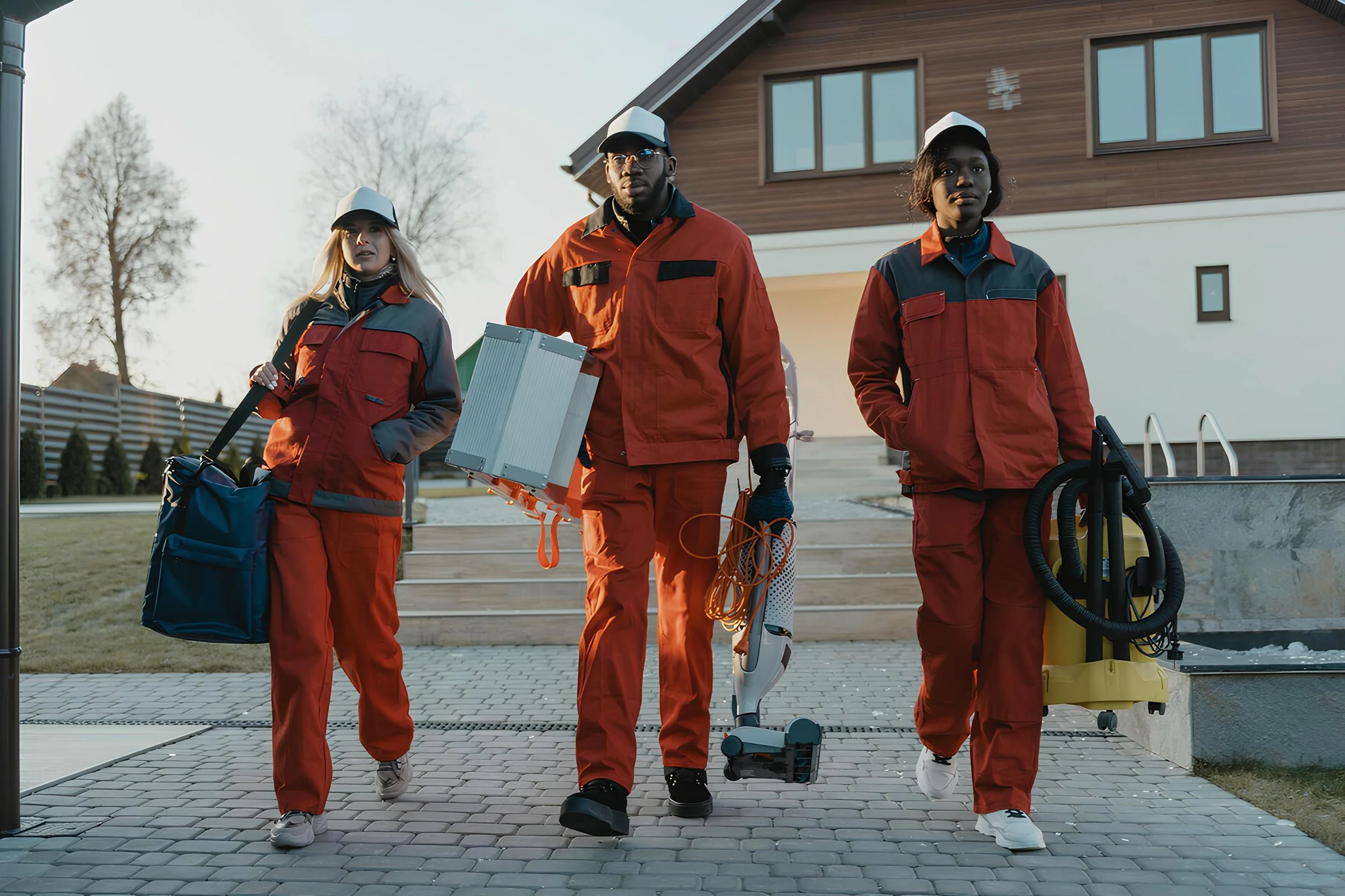 Three utility workers dressed in red and black uniforms and white caps walk together outside a modern house carrying equipment and tools.