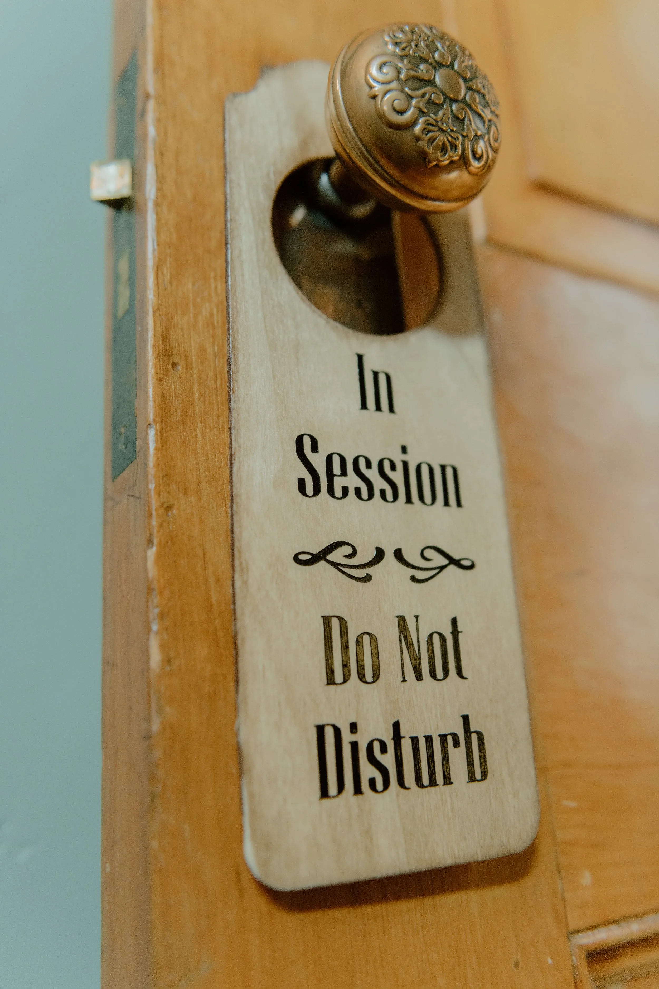 A wooden door with a decorative brass doorknob and a sign that reads "In Session Do Not Disturb."