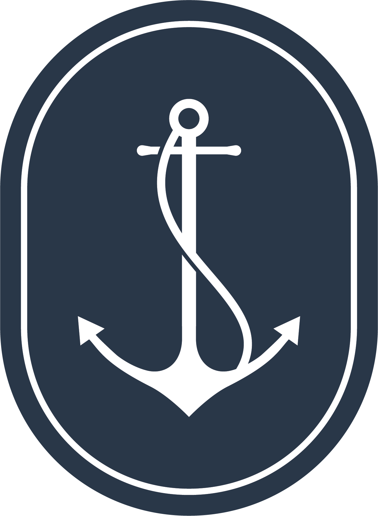 White anchor outline within a dark oval background with a white border.