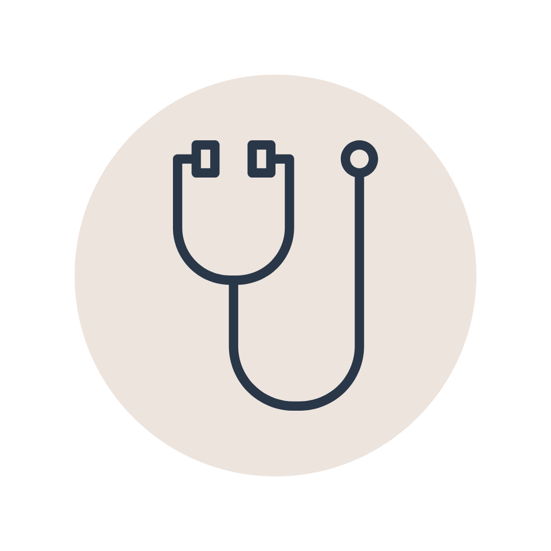 Line drawing of a stethoscope inside a beige circle.