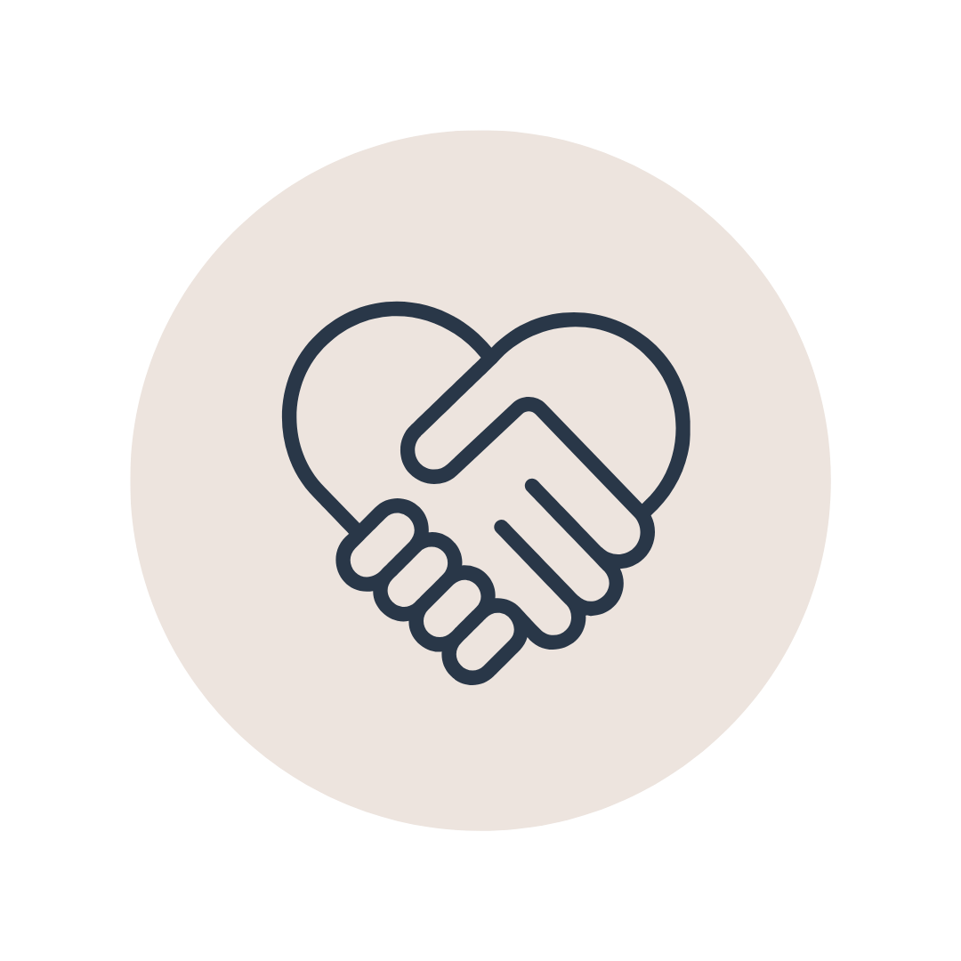Line drawing of two hands shaking, shaped like a heart, on a light beige circular background.