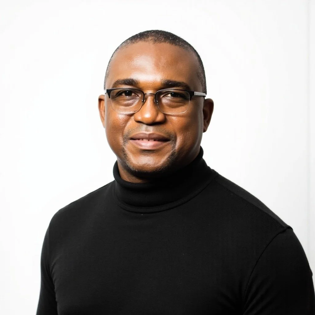 Portrait of a man with glasses wearing a black turtleneck against a plain white background.