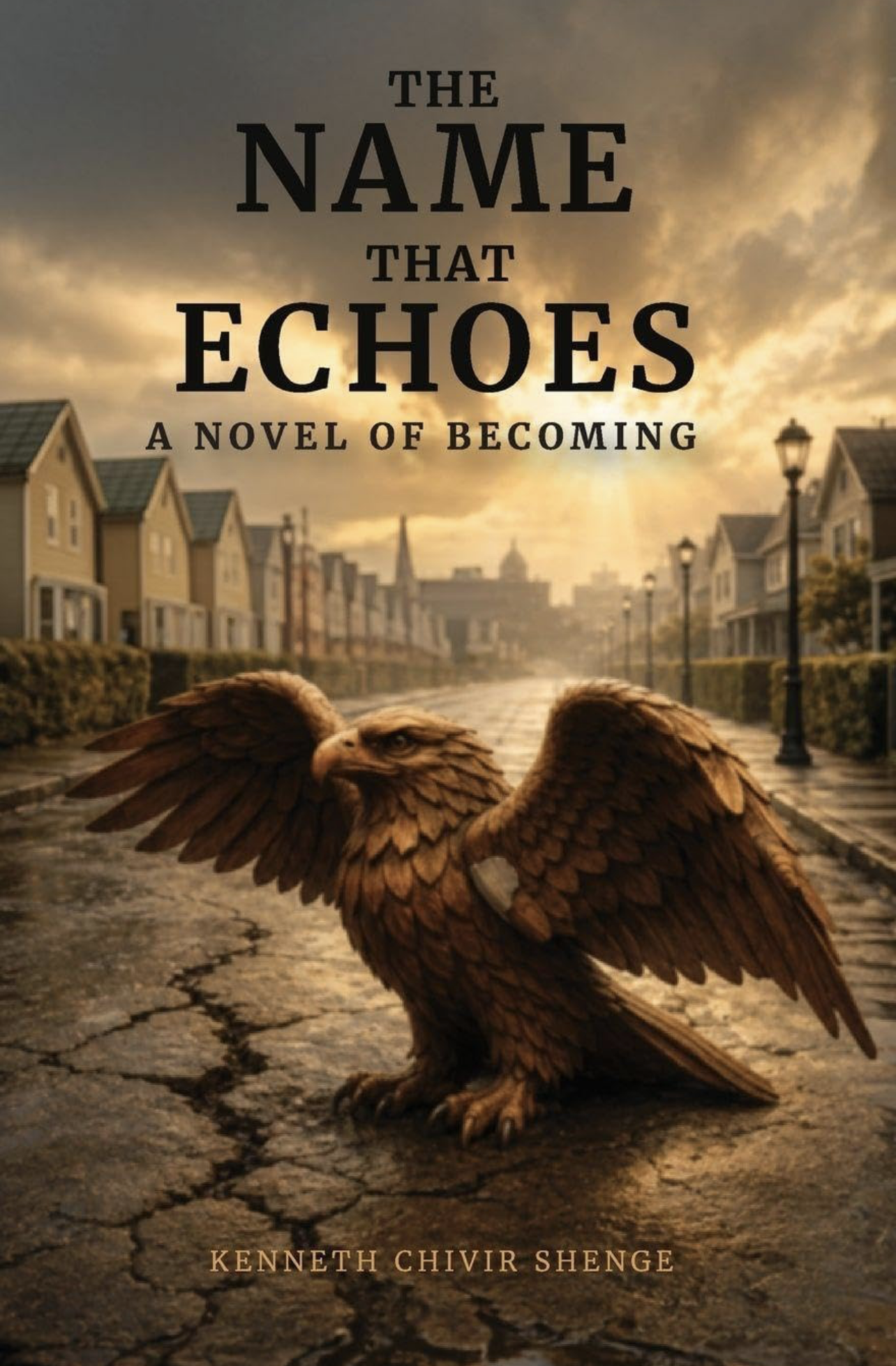 Book cover titled "The Name That Echoes: A Novel of Becoming" by Kenneth Chivir Shenge. Features a brown eagle standing on a cracked road with suburban houses and streetlights at sunset in the background.