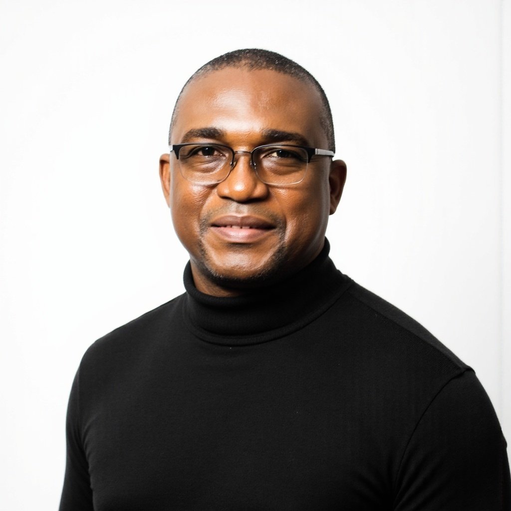 Portrait of a man with short hair, wearing glasses and a black turtleneck sweater, against a white background.