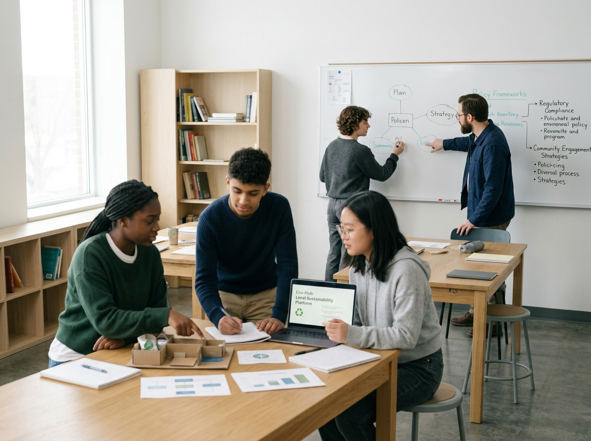High school students working together on a research project, with two students at a whiteboard and three at a table reviewing notes and a laptop.