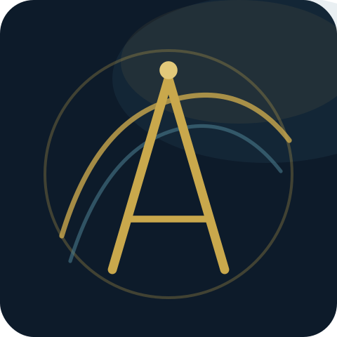 Stylized gold letter A with geometric circular design on a dark blue background.