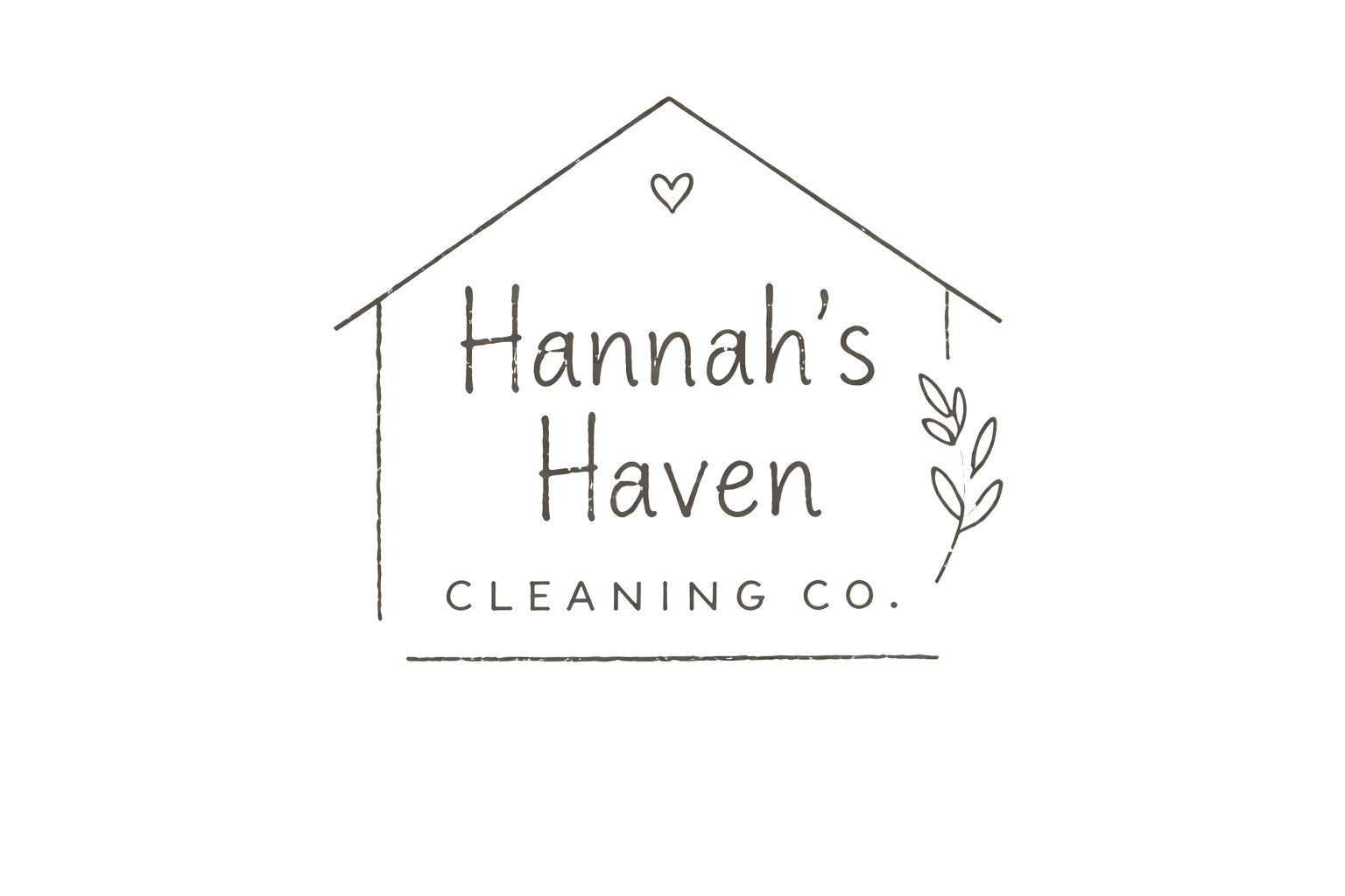 Logo for Hannah's Haven Cleaning Co., featuring a simple house outline with a small heart at the top, the business name inside, a sprig of leaves on the side, and the company name beneath.