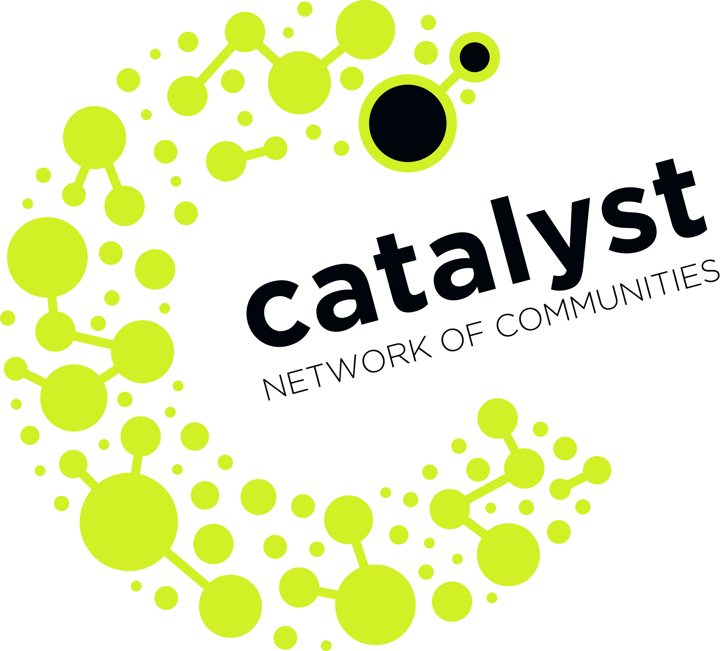 Stylized network illustration with interconnected lime green circles and lines on a black background, featuring text that reads 'Catalyst' and 'Network of Communities'.
