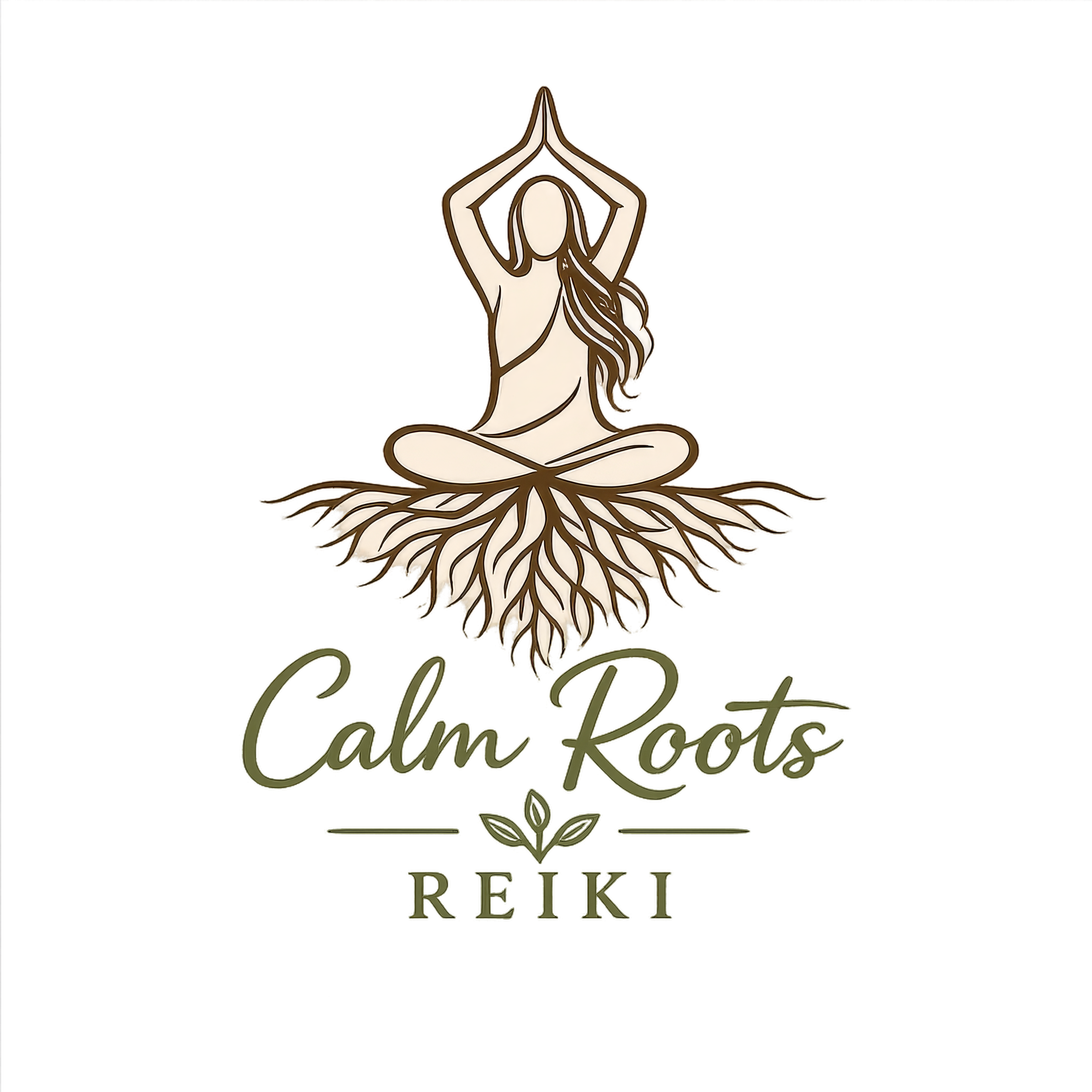 A logo featuring a person in a meditative pose with hands in prayer position above the head, sitting cross-legged with a detailed root system beneath, and the text 'Calm Roots' and 'Reiki' below.