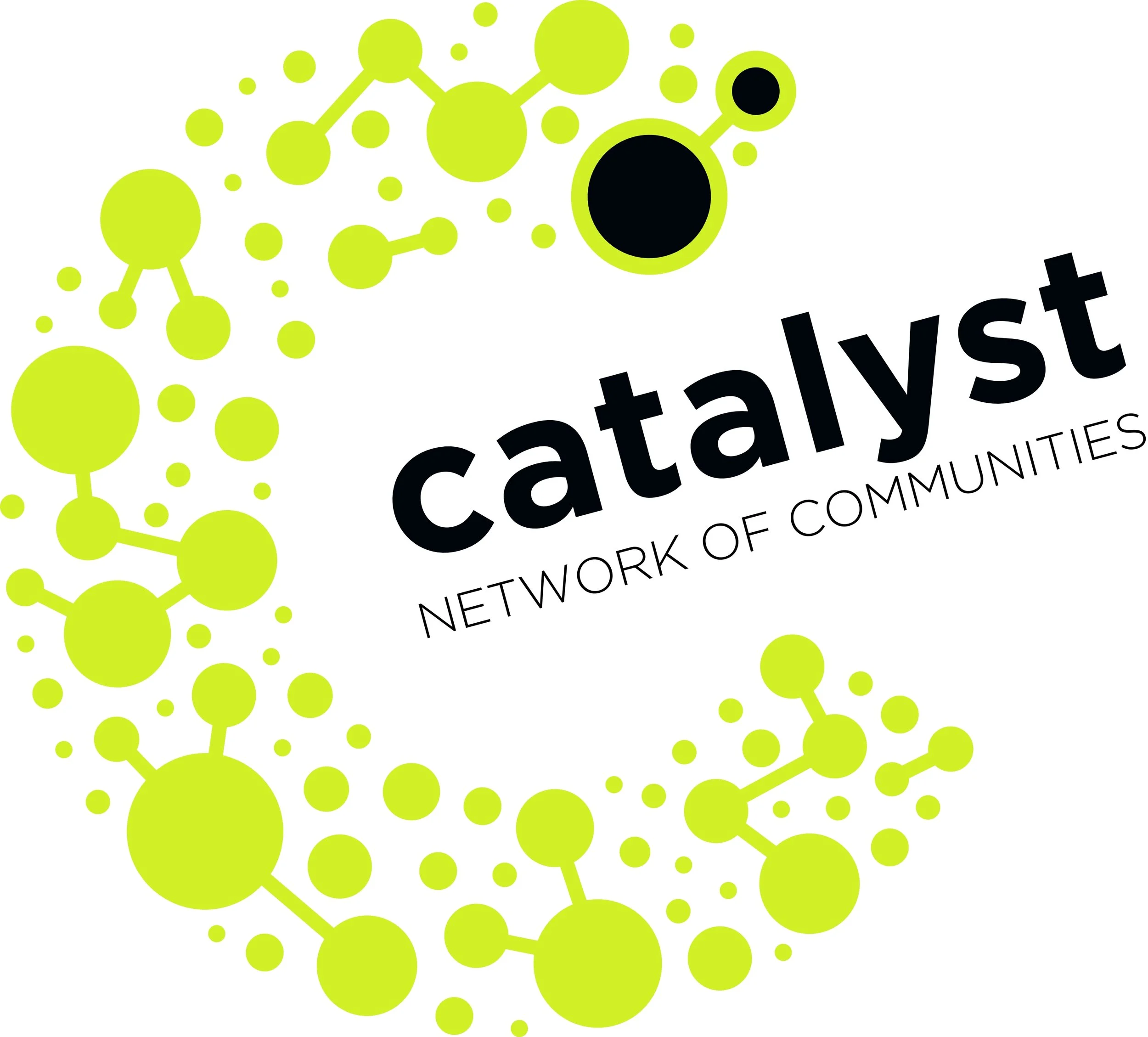 Logo with green interconnected circles resembling a network or molecular structure and the words 'Catalyst Network of Communities' in black.