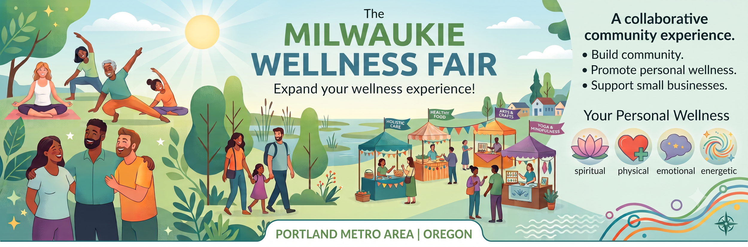 Illustration of people enjoying yoga, walking, and socializing at the Milwaukie Wellness Fair in the Portland Metro Area, with wellness booths, trees, and a lake in the background.