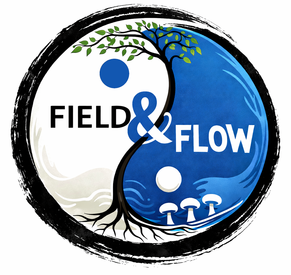 A circular logo with a black border featuring a stylized tree with green leaves, dividing the circle into a white left side with the word 'FIELD' and a blue right side with the word 'FLOW', symbolizing the connection between land and water.