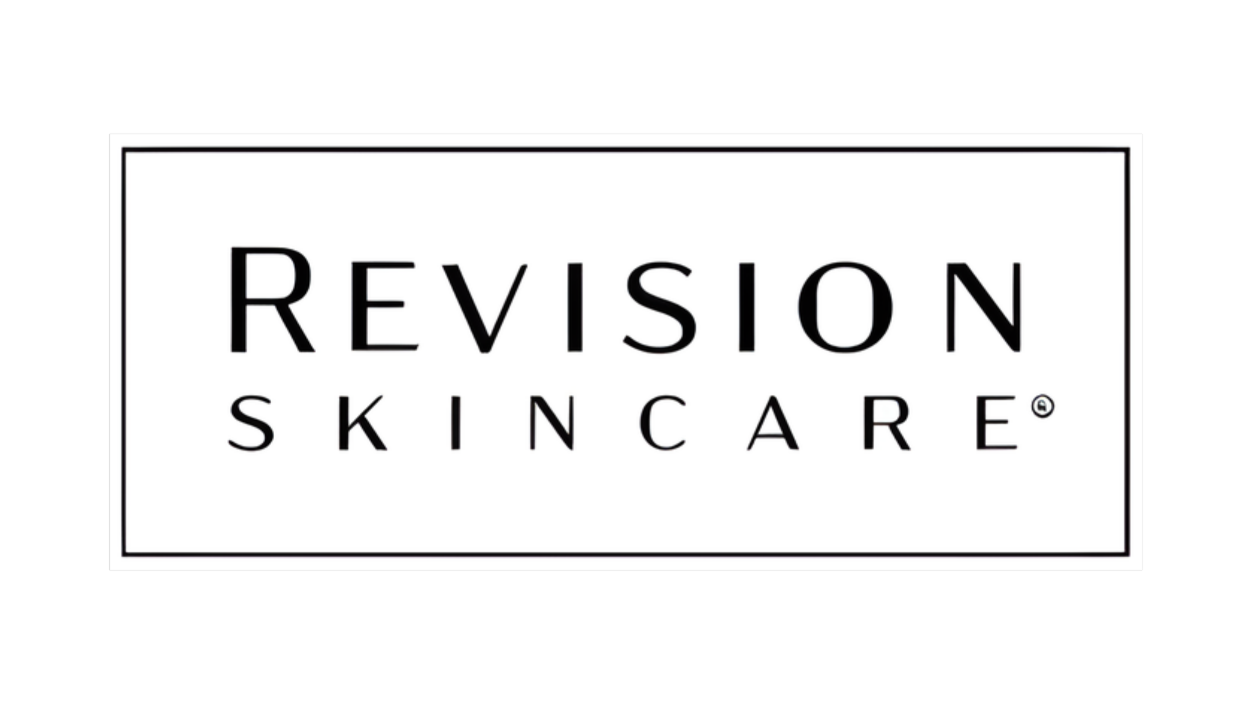 Logo of Revision Skincare with black text on a white background, surrounded by a thin black border.