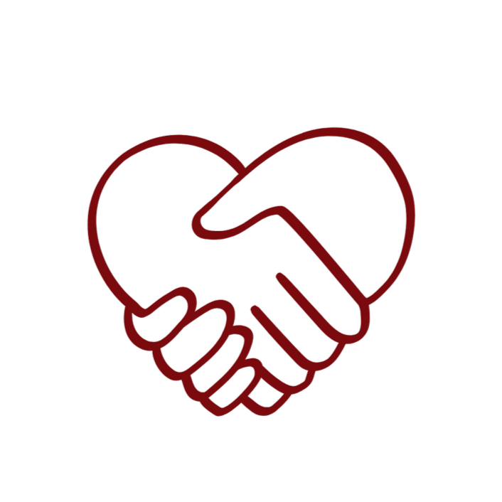 An outline of two hands shaking, forming a heart shape, in red on a black background.
