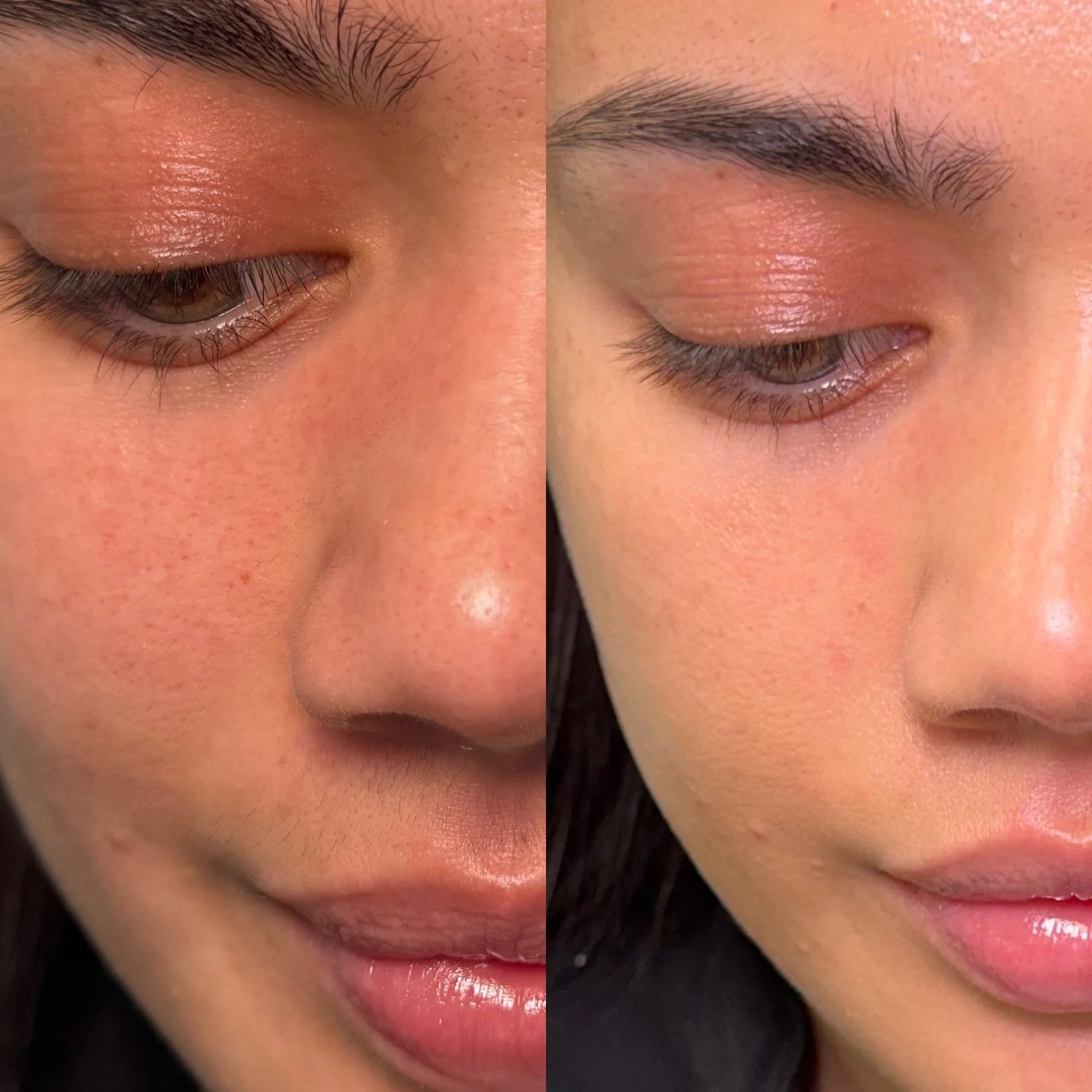 Close-up of a person's face with eyes closed, showing smooth skin, well-defined eyebrows, and lips slightly open, with a half-smile.