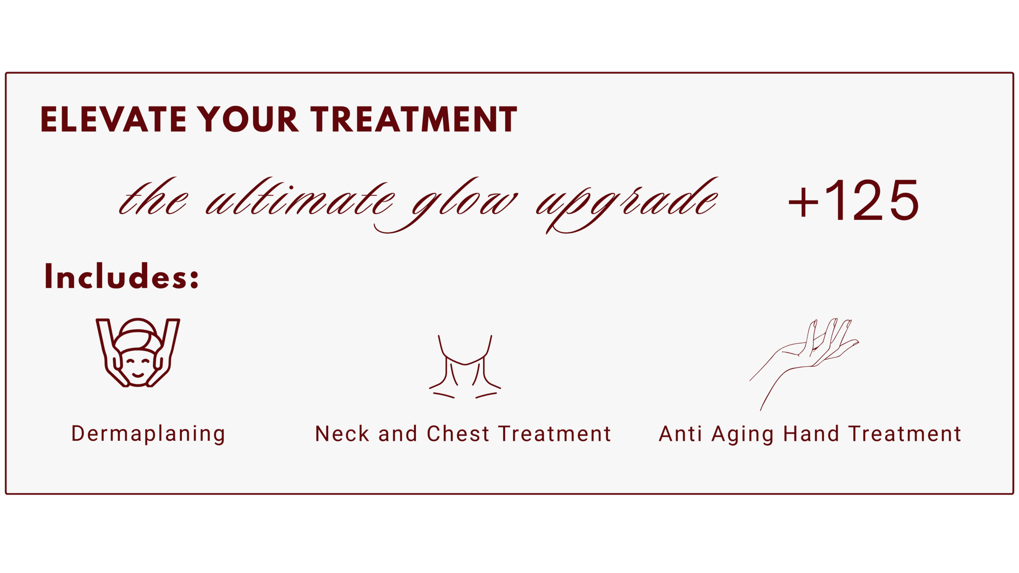 A sign promoting skincare treatments, including dermaplaning, neck and chest treatment, and anti-aging hand treatment, with illustrations of a face, neck, and hand.