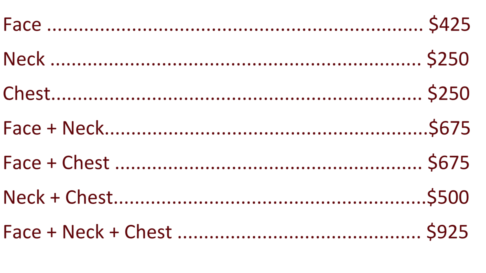 Pricing chart for facial, neck, and chest treatments with different packages and costs listed.