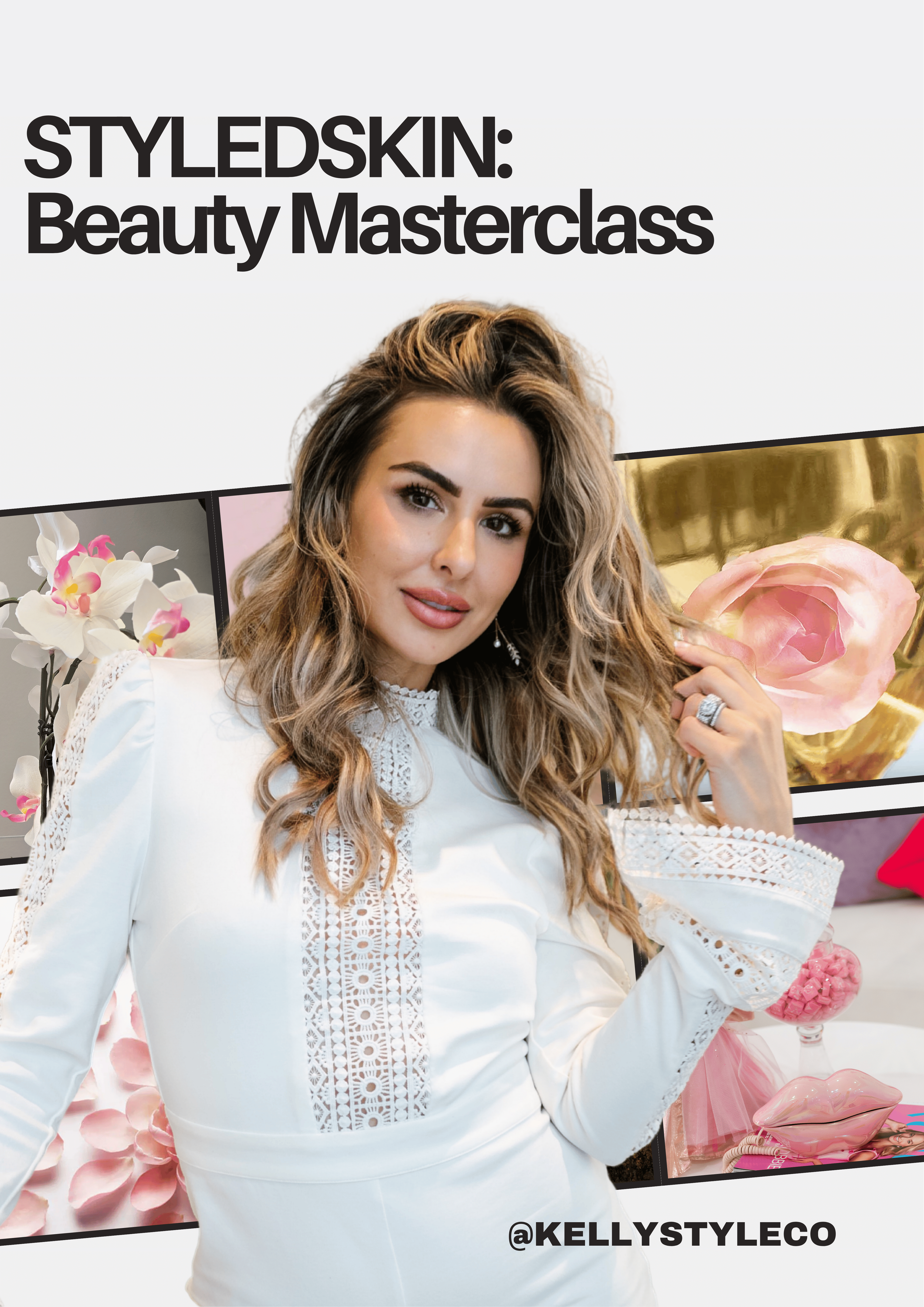 A woman with long wavy hair in a white dress with lace details, holding a pink flower, at a beauty masterclass event with floral decorations and colorful accessories in the background.