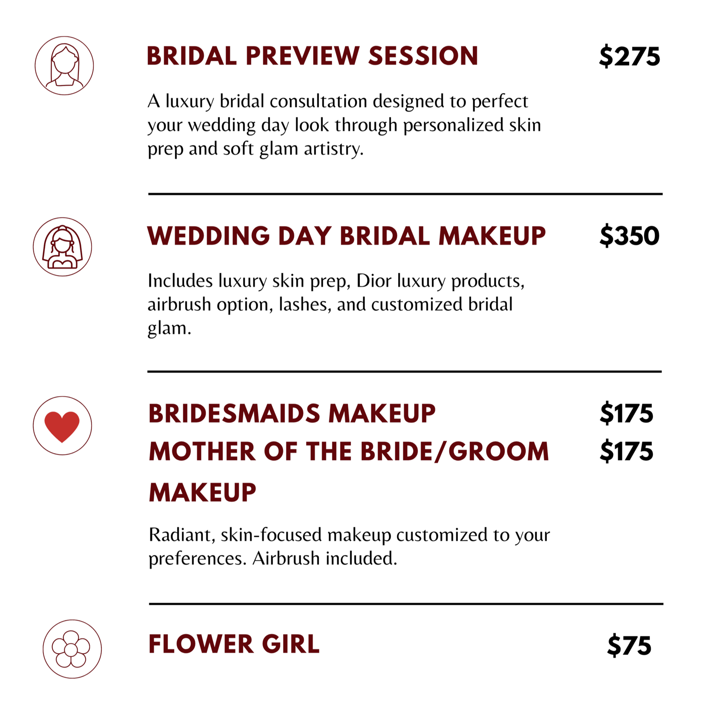 Checklist with five items related to wedding makeup and bride's accessories, including bridal preview session, wedding day bridal makeup, bridesmaids makeup, mother of the bride/groom makeup, and flower girl makeup, with icons next to each item.