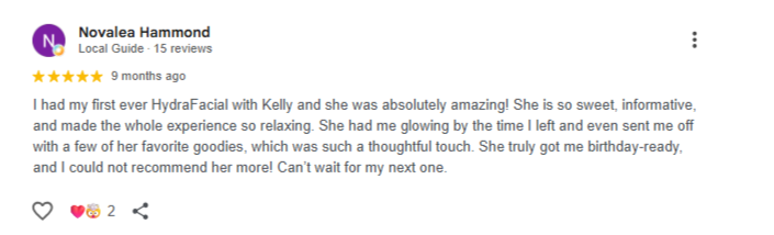 Screenshot of a 5-star Yelp review for Novaleia Hammond, a local guide, praising her facial services and friendly attitude.