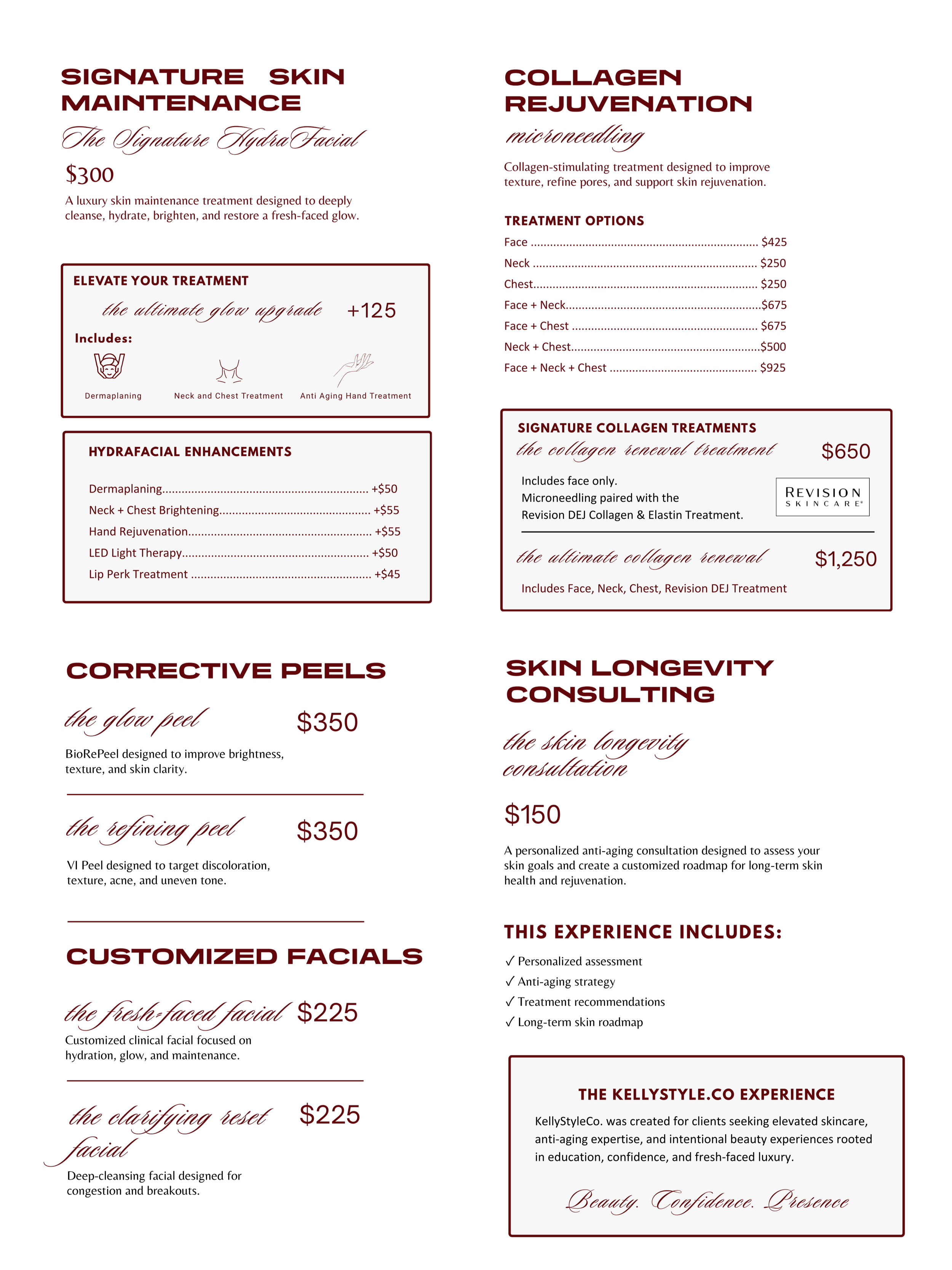 A skincare and facial treatment menu with sections for signature skin maintenance, collagen rejuvenation, corrective peels, skin longevity consulting, and customized facials. The menu lists treatments, prices, and descriptions, with some sections highlighted in red and elegant script font.