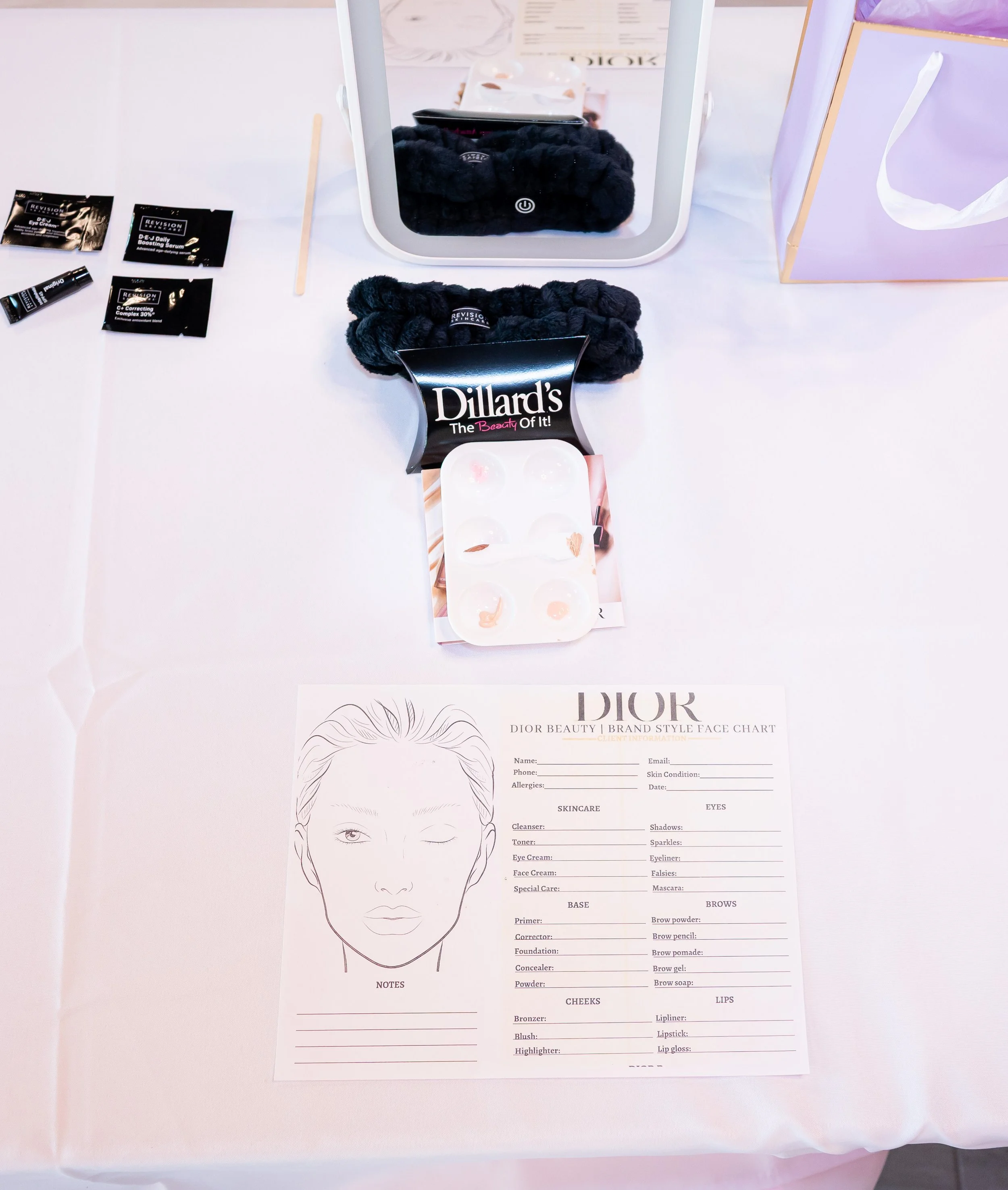 A beauty assessment chart form with an illustration of a woman's face for skincare, eyes, lips, cheeks, and brows, along with various skincare product samples and a mirror on a white table.