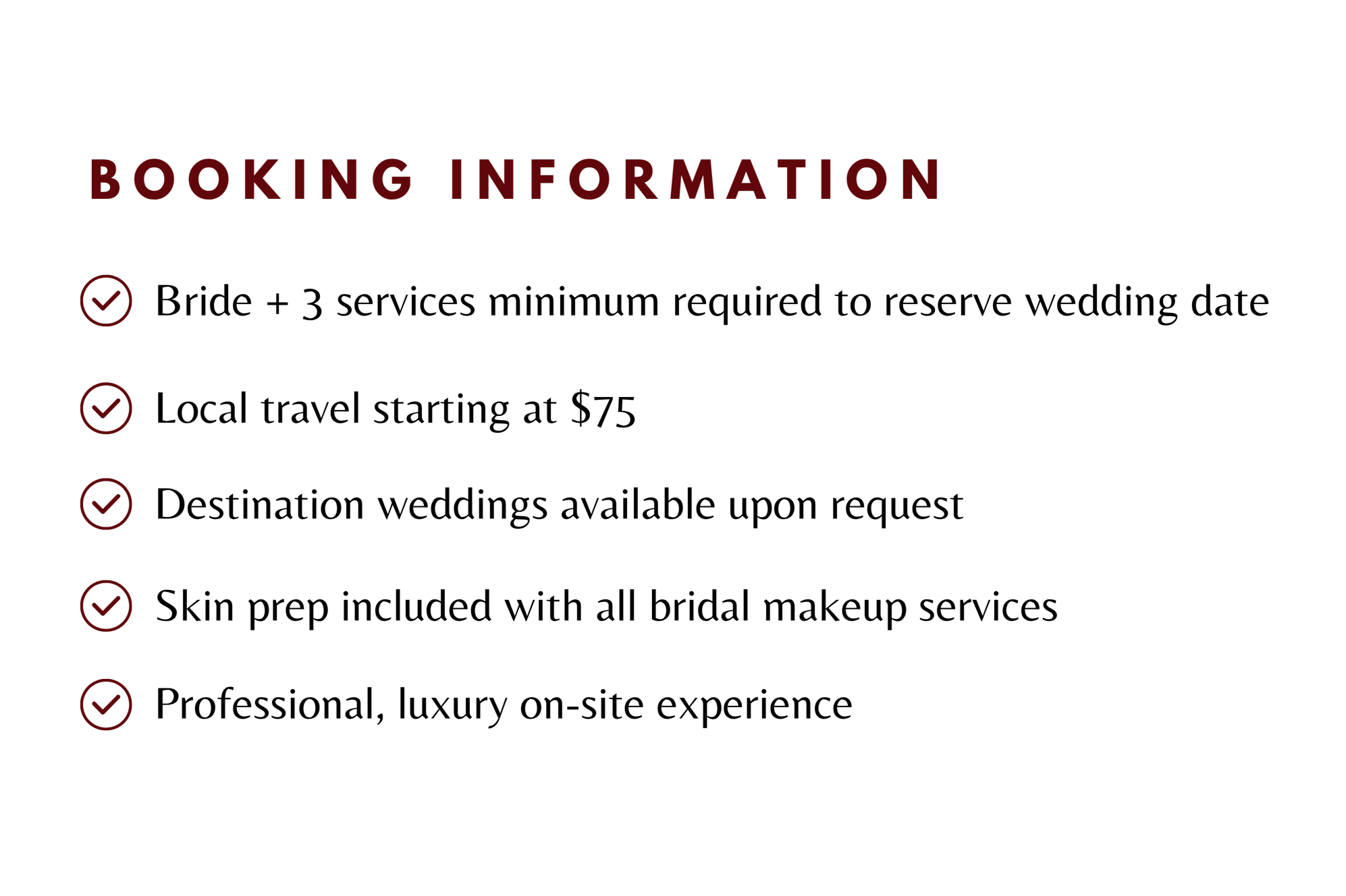 A black background image with large red text that says 'Booking Information' and five red checkmarks listed vertically below.