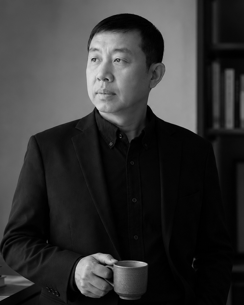 Black and white portrait of a man in a suit holding a coffee mug, looking thoughtfully to the side, standing in a room with a bookshelf.