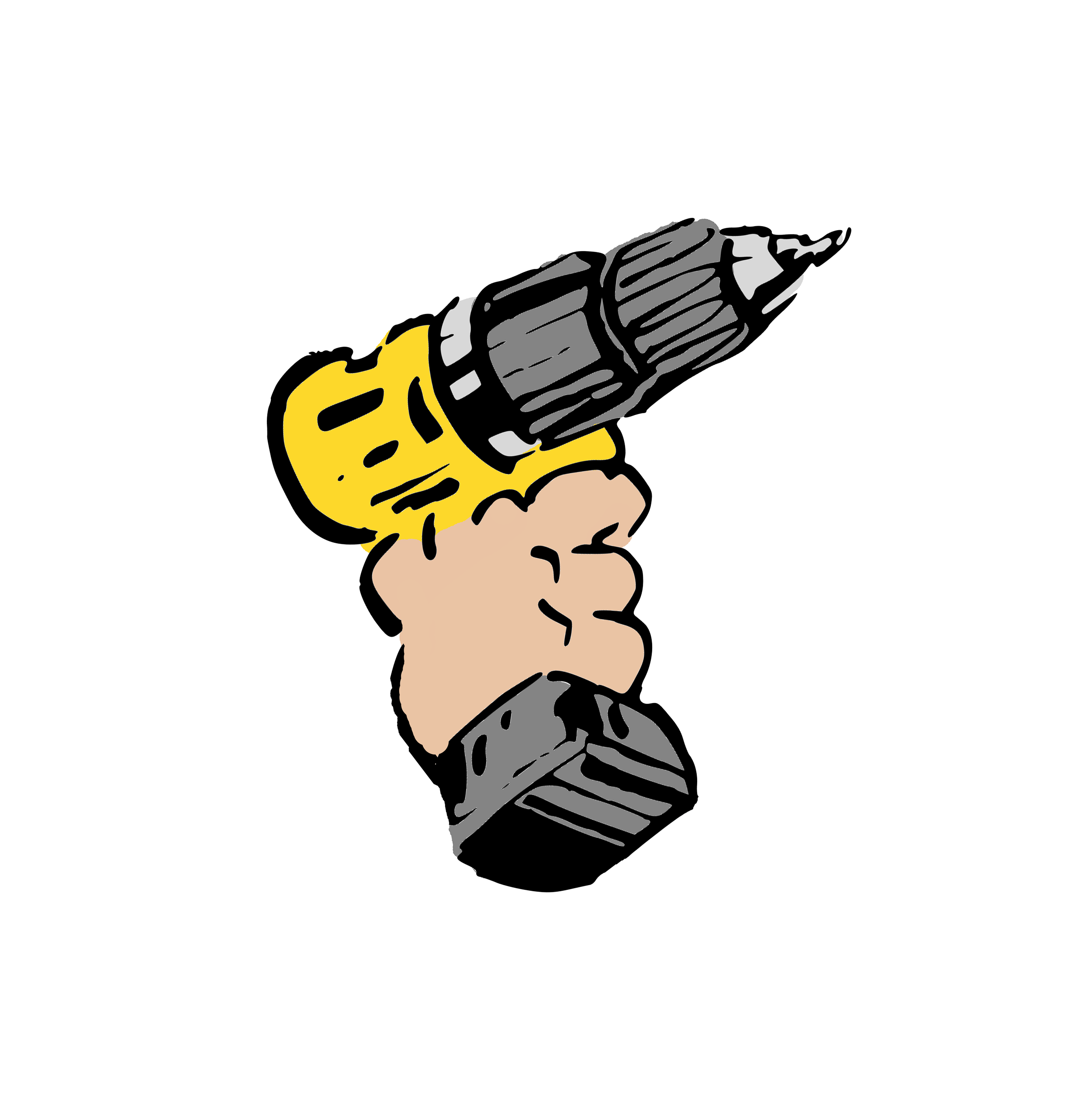 A cartoon illustration of a person holding a yellow and black power drill.