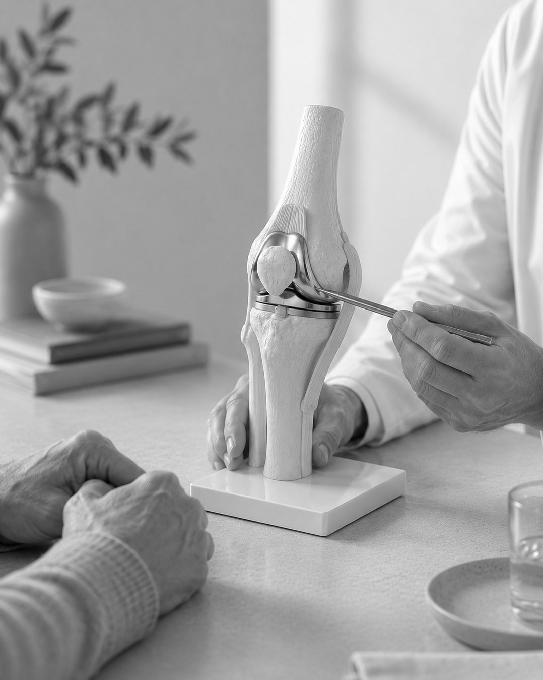 A healthcare professional demonstrates a knee joint model during a consultation with a patient, using a pen to point at the model.