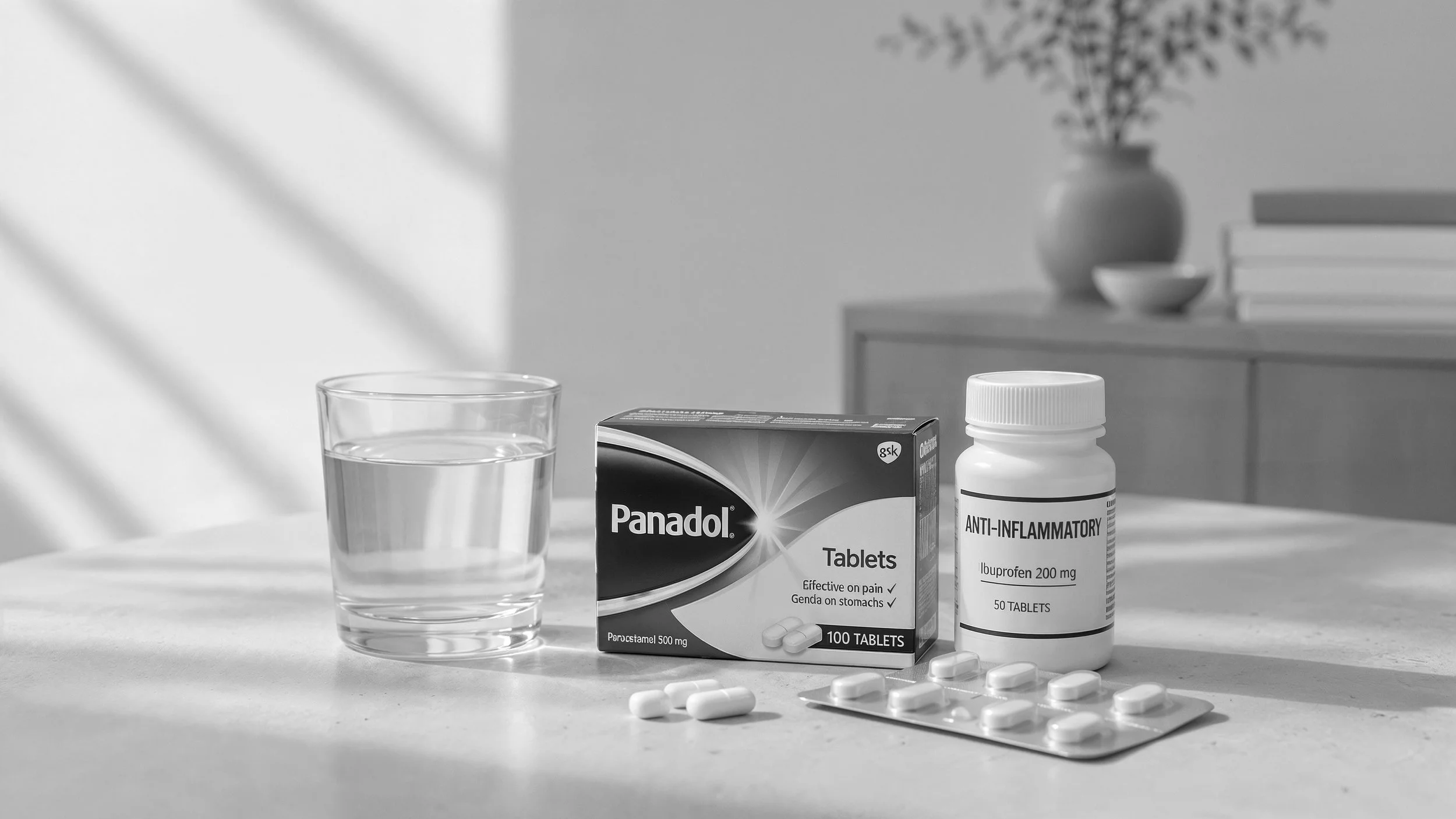 A glass of water, a box of Panadol tablets, and a bottle of anti-inflammatory medication on a table. In the background, there is a vase with flowers on a cabinet.