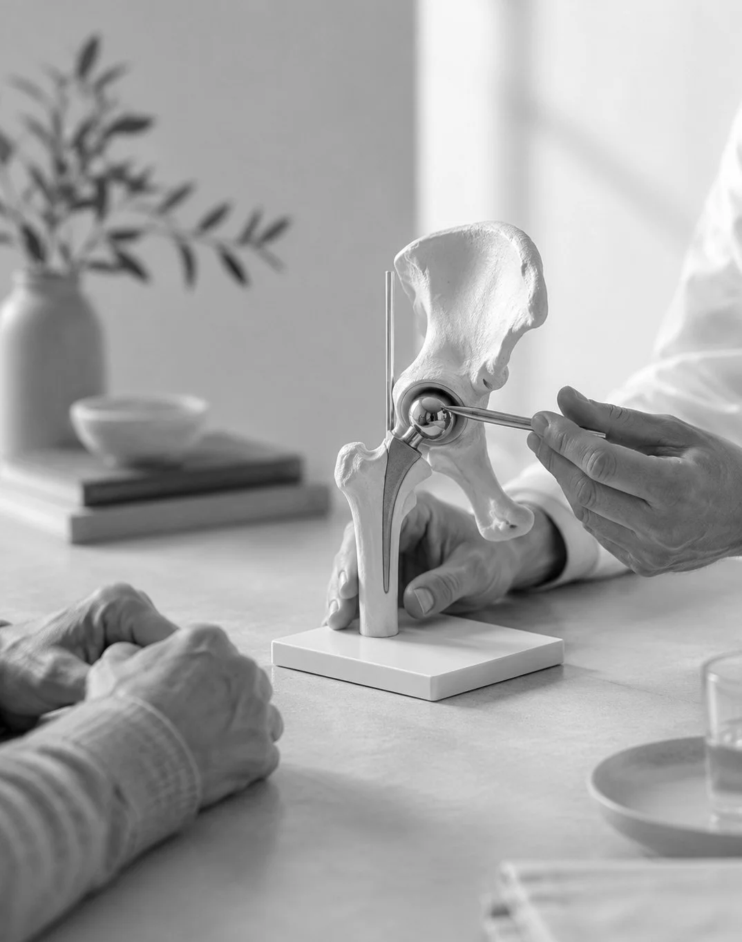 A medical model of a human pelvic bone with a hip replacement being demonstrated, with hands of medical professionals showing the prosthetic procedure.