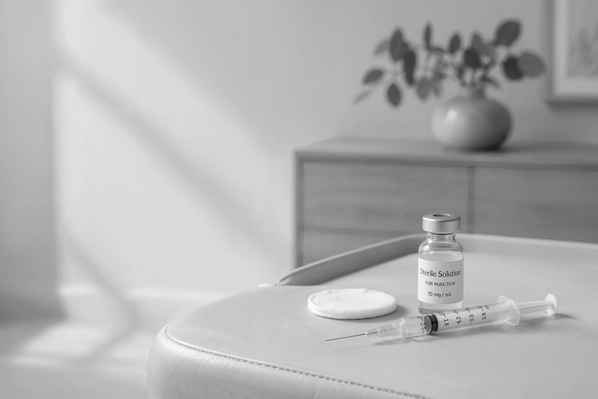 A small vial labeled 'Sterile Solution' with a syringe and a cotton pad on a white medical tray in a clinical setting.