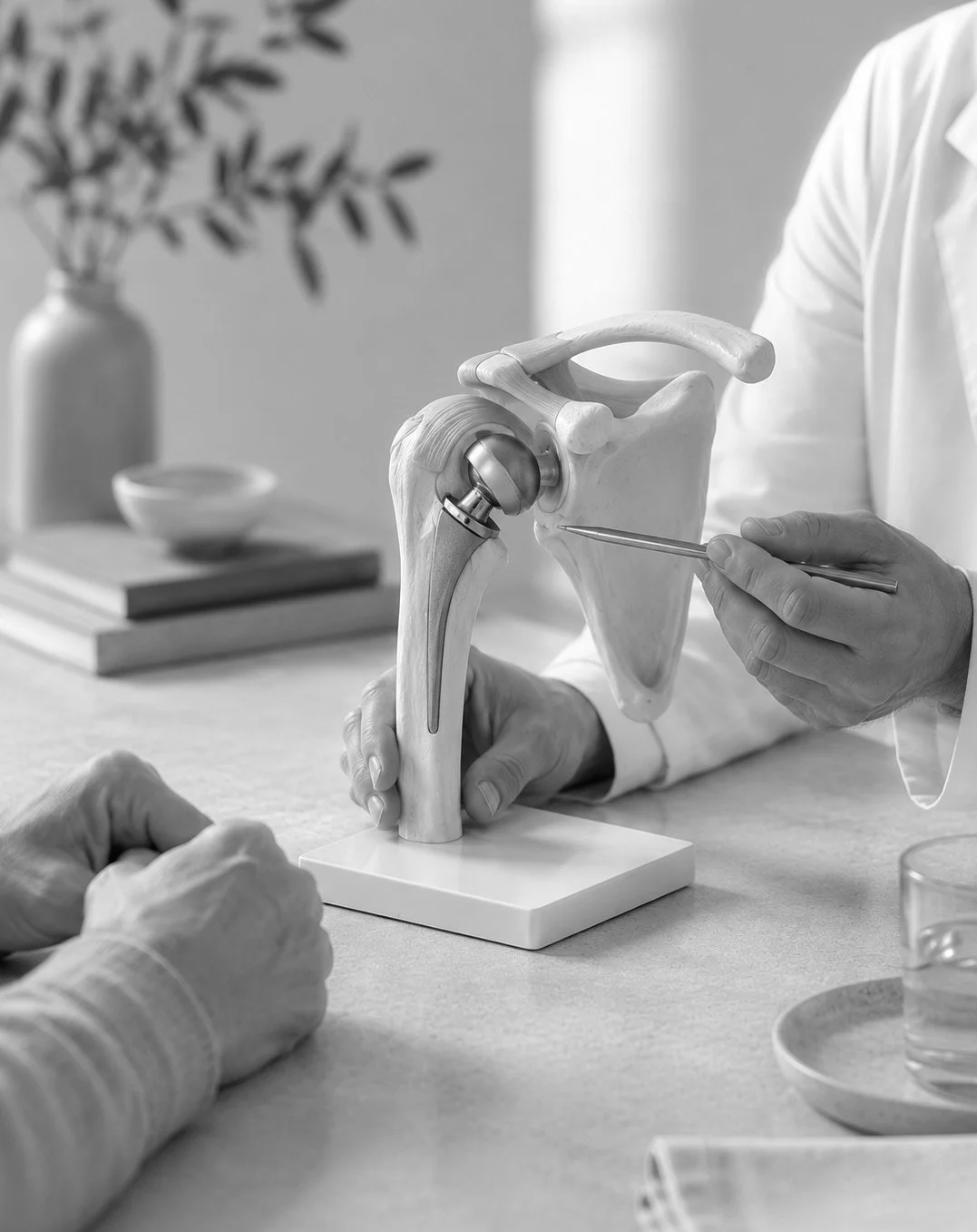 Medical professional examining a model of a human shoulder joint with a prosthetic ball and socket implant.