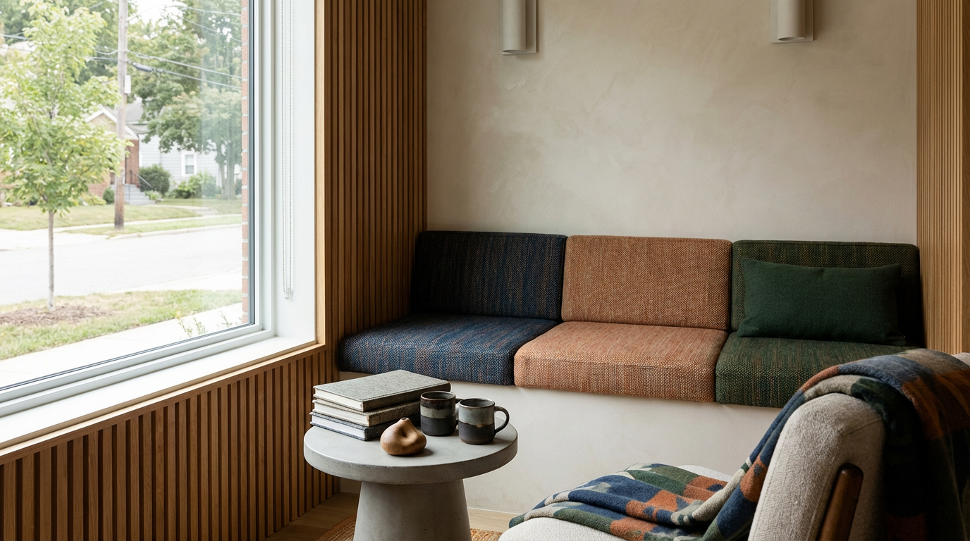 Comfortable mental health office waiting area with seating, a table, and books