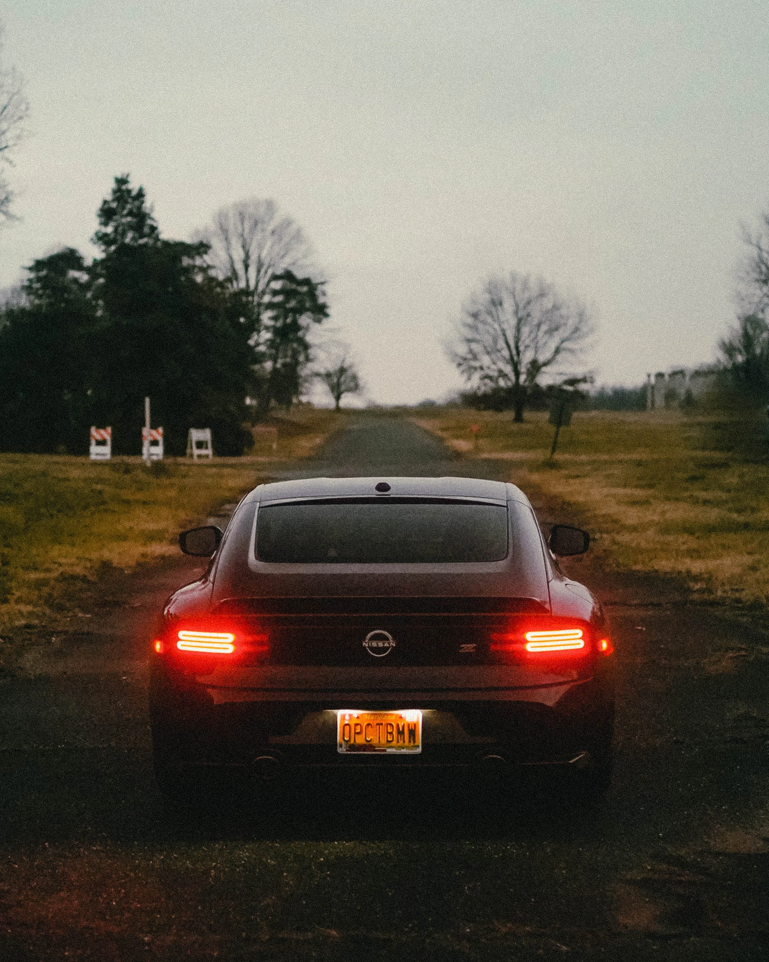 Rear view of a black Nissan car with illuminated taillights, parked on a grassy area with trees and a cloudy sky in the background, at dusk or dawn.
