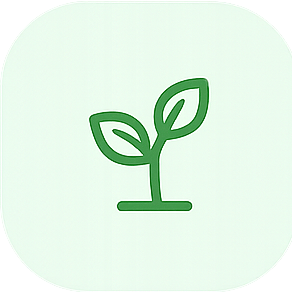 Simple green line drawing of a sprouting plant with two leaves on a light green background.