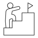 A person climbing stairs toward a flag.