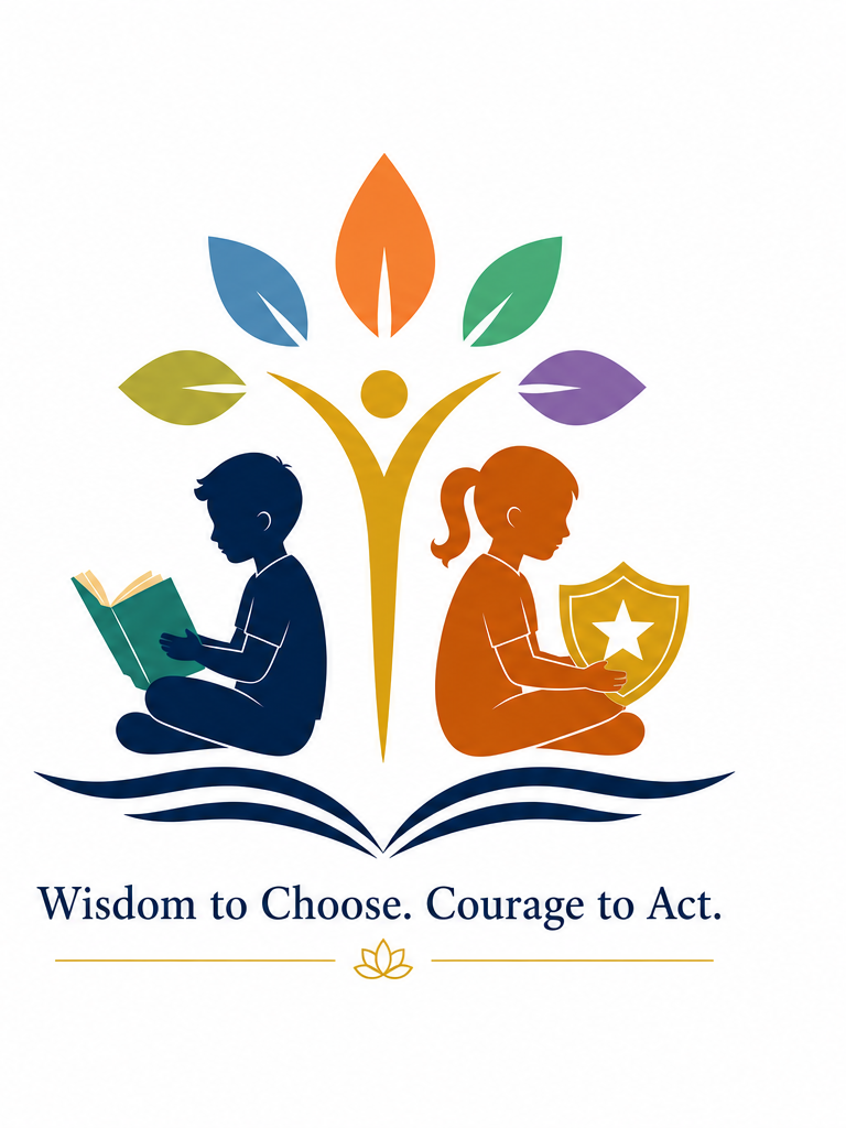 Brave & Wise Minds logo illustration featuring two children beneath a colorful tree above an open book, with the tagline Wisdom to Choose. Courage to Act.