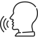 Outline of a person speaking or shouting, with lines indicating sound waves.