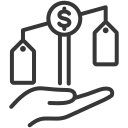 A hand holding a balance scale with money symbols hanging from each side