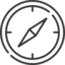 A compass icon with a black background and a simple compass rose