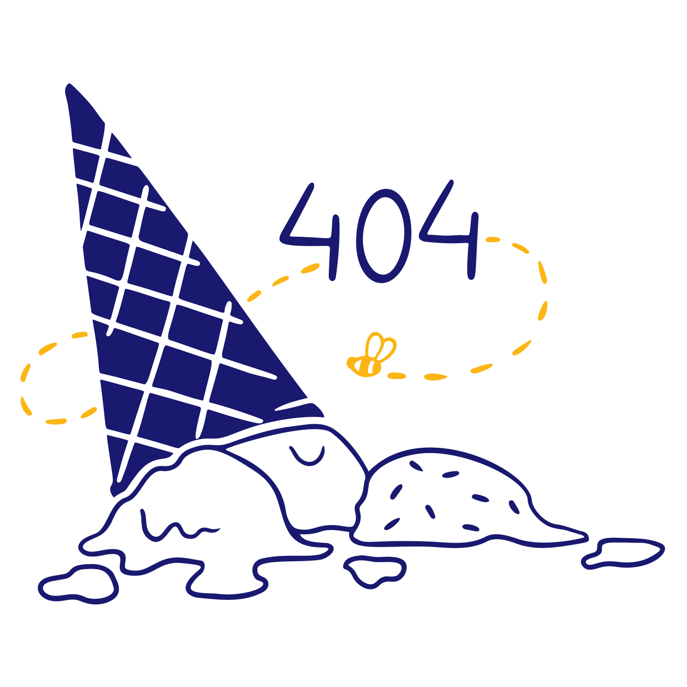 Illustration of an ice cream cone with melting ice cream, a yellow dashed circle with the text '404' inside, and a small 'B' underneath.