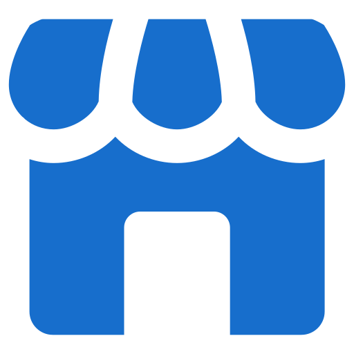 Blue storefront icon with an awning and a door.