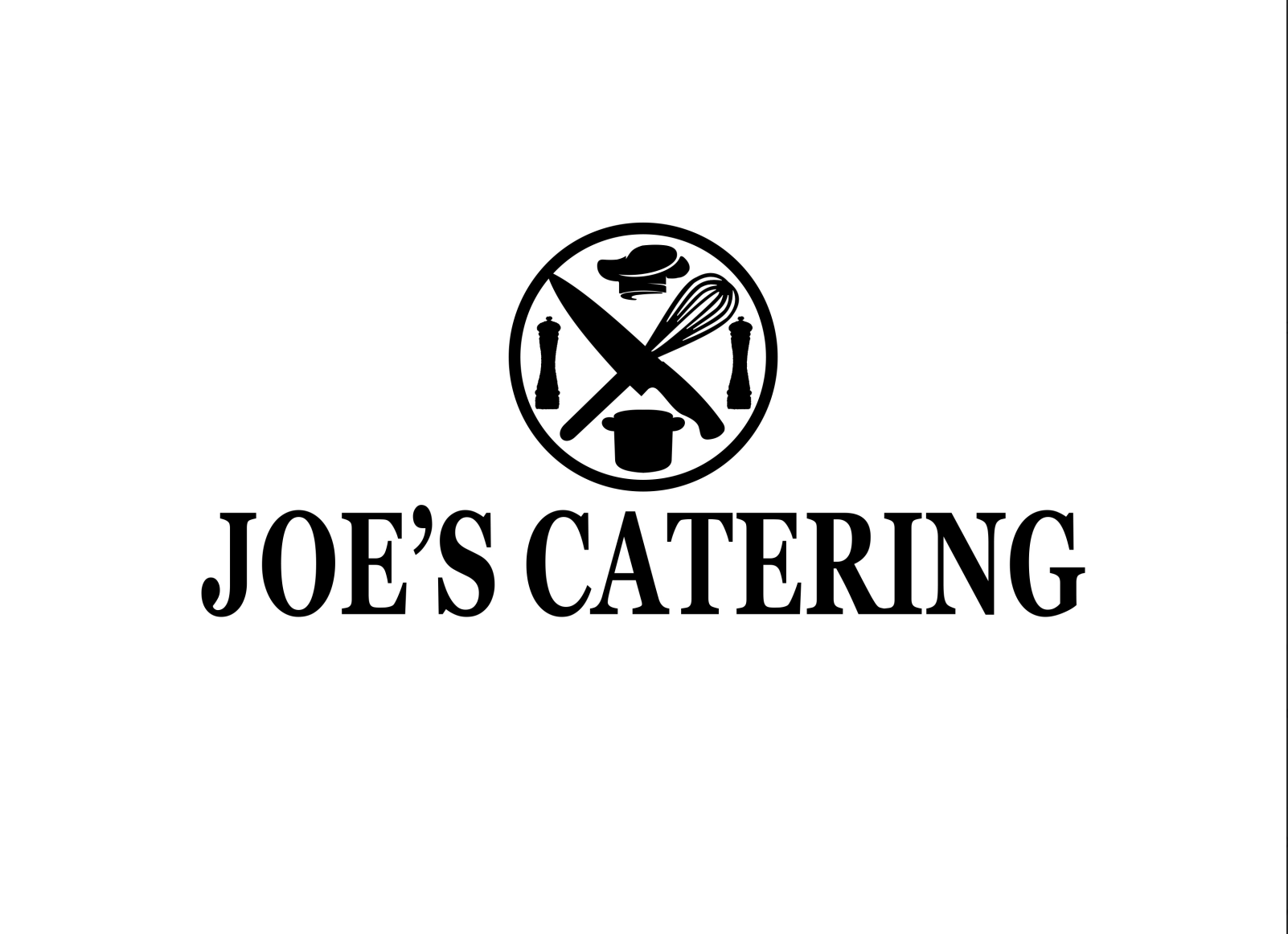 Logo for Joe's Catering featuring a circular emblem with a chef's hat, a whisk, and a kitchen spoon, surrounded by salt and pepper shakers and a cooking pot, with the text "Joe's Catering" below.